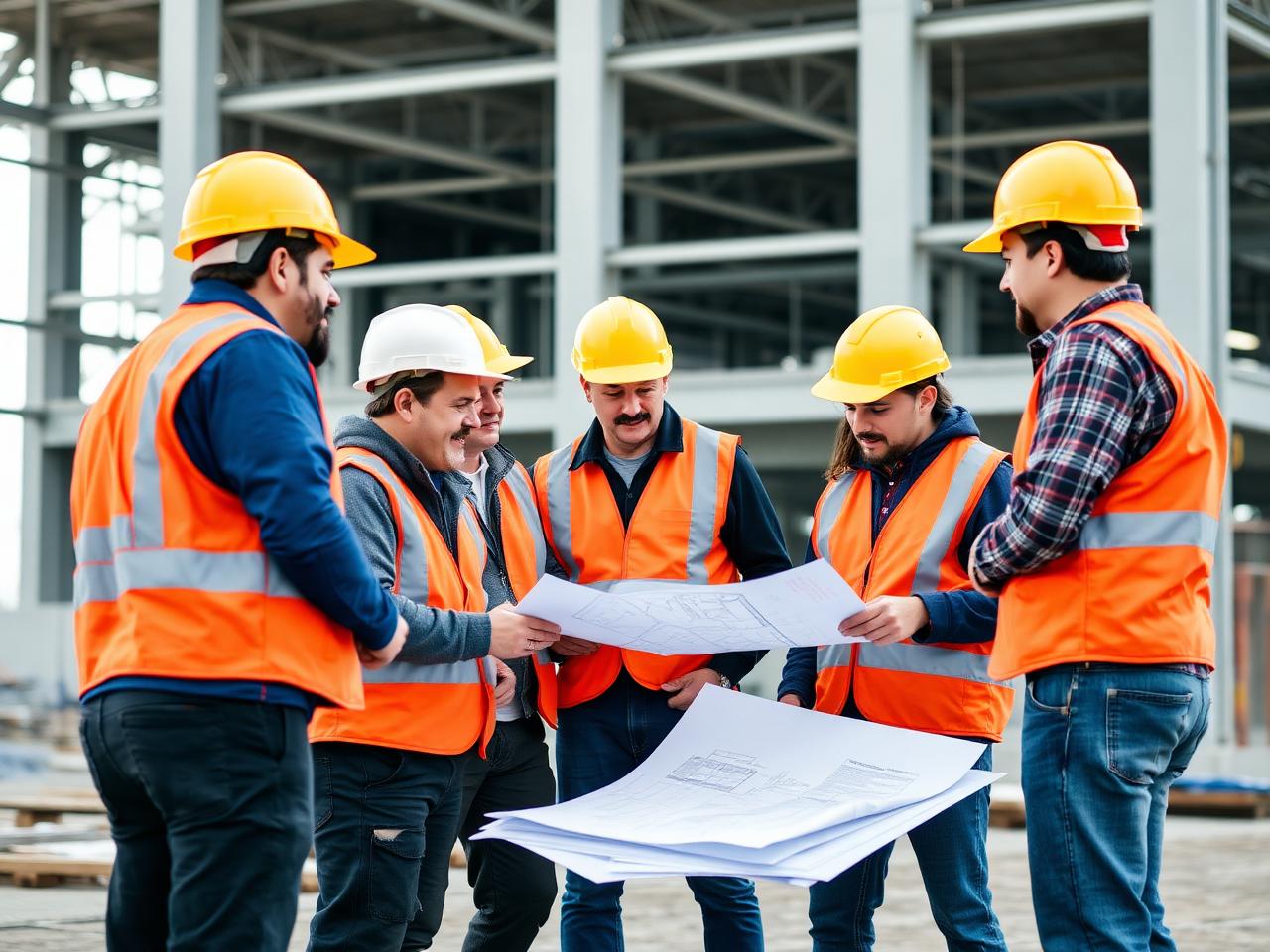 Construction team reviewing blueprints